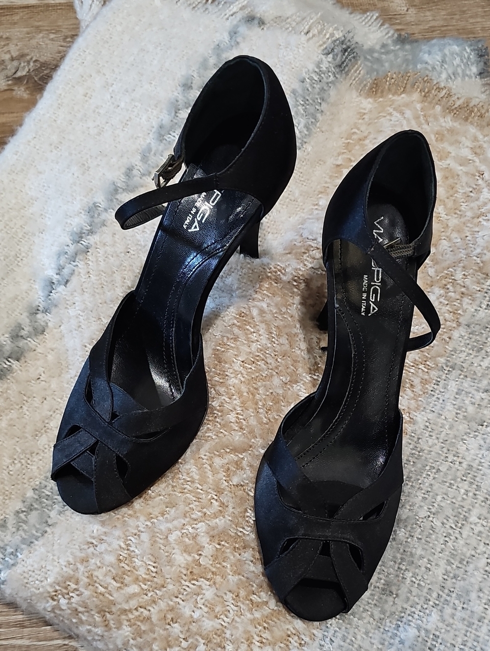 Via Spiga Black Satin Peep-Toe Ankle-Strap Heels Made In Italy